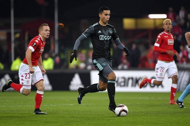 Adrien Trebel midfielder of Standard Liege, Anwar El Ghazi of Ajax, Konstantinos Laifis defender of Standard Liege FOOTBALL : Standard Liege vs Ajax Amsterdam - Ligue europeenne UEFA - 08 12 2016 PhotoNews Panoramic  665589923