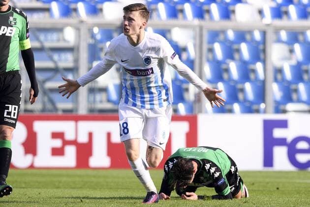Genk s Brian Heynen celebrates after scoring during a soccer game between Italian Club U.S. Sassuolo Calcio and Belgian team KRC Genk in Parma, Italy, Friday 09 December 2016, the sixth and last game of the group stage of the Europa League competition, in Group F. The match was scheduled for yesterday, but it was postponed due to heavy fog. YORICKxJANSENS  x04994518x