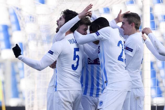 Genk s Sandy Walsh (L) , Genk s Brian Heynen (C) and Genk s Timothy Castagne (R) celebrate during a soccer game between Italian Club U.S. Sassuolo Calcio and Belgian team KRC Genk in Parma, Italy, Friday 09 December 2016, the sixth and last game of the group stage of the Europa League competition, in Group F. The match was scheduled for yesterday, but it was postponed due to heavy fog. YORICKxJANSENS  x04994524x