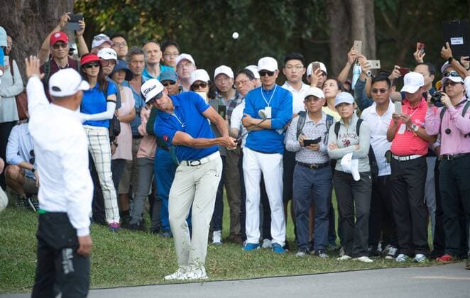 December 10, 2016 - Hong Kong, Hong Kong SAR, China - Rafa Cabrera Bello (pictured hitting out of the crowd towards the 13th green) from Spain is tied on 11 under para with Australia s Sam Brazel as they go into the final.Day 3 of the Hong Kong Open Golf at the Hong Kong Golf Club Fanling..Ã‚Â© . Day 3 of the Hong Kong Open Golf - ZUMAr144 20161210_zap_r144_016