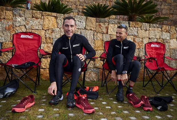 Italian Manuel Quinziato of BMC Racing Team and Italian Damiano Caruso of BMC Racing Team pictured at the BMC Racing Team Media Day in Denia, Spain, on Monday 12 December 2016. MANUELxQUEIMADELOS  x04996496x