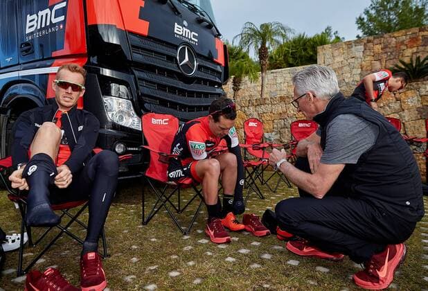 Italian Alessandro De Marchi of BMC Racing Team, Australian Richie Porte of BMC Racing Team and Allan Peiper, Sporting Manager of BMC Racing Team pictured at the BMC Racing Team Media Day in Denia, Spain, on Monday 12 December 2016. MANUELxQUEIMADELOS  x04996543x