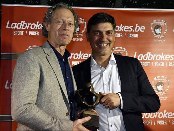 Club s head coach Michel Preud homme and Charleroi s head coach Felice Mazzu pictured during the sixth edition of the Raymond Goethals award , for the coach whose work method resembles legendary Belgian coach Raymond Goethals, Tuesday 13 December 2016, in Aalst. ERICxLALMAND  x04996700x