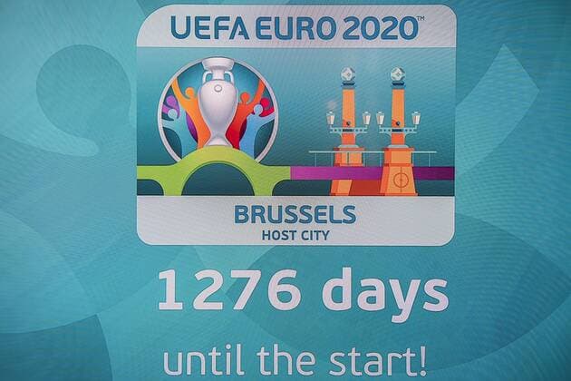 Fußball, Präsentation des Logos für die EM 2020 A logo pictured at a special ceremony for the launch of the logo of Euro 2020 Brussels, as host city of the 2020 European soccer championships, in Brussels city hall, Wednesday 14 December 2016, with UEFA, Belgian soccer federation KBVB - URBSFA, Brussels Region government and Brussels city. LAURIExDIEFFEMBACQ  x04997176x