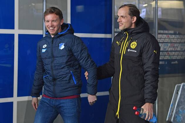 v.liLJulian NAGELSMANN ,Trainer (1899 Hoffenheim ,Thomas TUCHEL (Trainer Borussia Dortmund) ,l acht,lachen,lachend,optimistisch,gutgelaunt, Fussball 1. Bundesliga, 15. Spieltag, TSG 1899 Hoffenheim-Borussia Dortmund 2-2 am 16.12.2016,WIRSOL RHEIN NECKAR A R E N A.