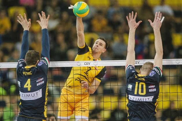 20.12.2016 LODZ , ATLAS ARENA , 2017 CEV VOLLEYBALL CHAMPIONS LEAGUE MENGAME PGE -- SKRA BELCHATOW - AZIMUT MODENA -- NEMANJA PETRIC, MARIUSZ WLAZLY, KEVIN LE ROUX  20161220-CSRJ51404