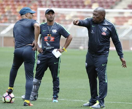 FIFA 2018 World Cup Qualifier: Bafana Bafana training session POLOKWANE, SOUTH AFRICA - NOVEMBER 08: Coach Shakes Mashaba with his 2 assistants during the South African national mens soccer team training session at New Peter Mokaba Stadium on November 08, 2016 in Polokwane, South Africa. ( Gallo1313476