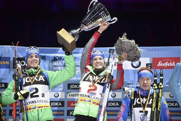 28.12.2016, xkhx, Gelsenkirchen, Veltins-Arena JOKA Biathlon World Team Challenge 2016 Sieger 1. Platz Vanessa Hinz und Simon Schempp (Team Deutschland)