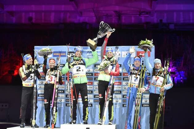 28.12.2016, xkhx, Gelsenkirchen, Veltins-Arena JOKA Biathlon World Team Challenge 2016 Sieger 1. Platz Vanessa Hinz und Simon Schempp (Team Deutschland) 2. Platz Franziska Hildebrand und Erik Lesser (Team Deutschland) 3. Platz Teamt Russland Olga Podchufarova und Alexey VOLKOV (RUS)