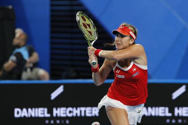02.01.2017. Perth Arena, Perth, Australia. Mastercard Hopman Cup International Tennis tournament. Belinda Bencic (SUI) plays a back hand shot against Heather Watson (GBR) during their match. Bencic won 7-5, 3-6, 6-2. xDavidxWoodleyx  ActionPlus11824813