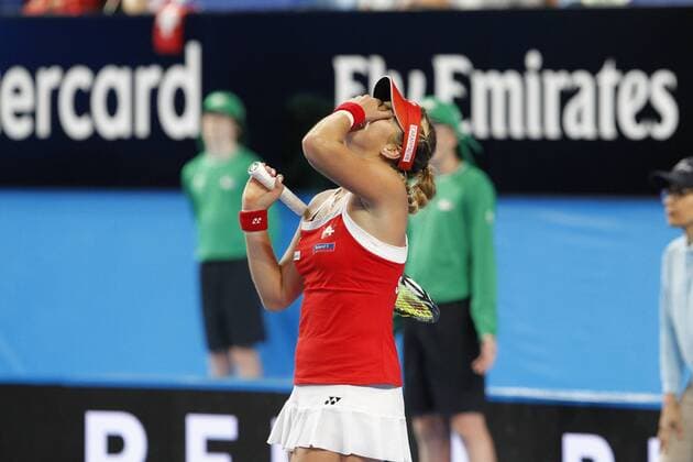 02.01.2017. Perth Arena, Perth, Australia. Mastercard Hopman Cup International Tennis tournament. Belinda Bencic (SUI) reacts to hitting the ball out during her match against Heather Watson (GBR) during their match. Bencic won 7-5, 3-6, 6-2. xDavidxWoodleyx  ActionPlus11824816