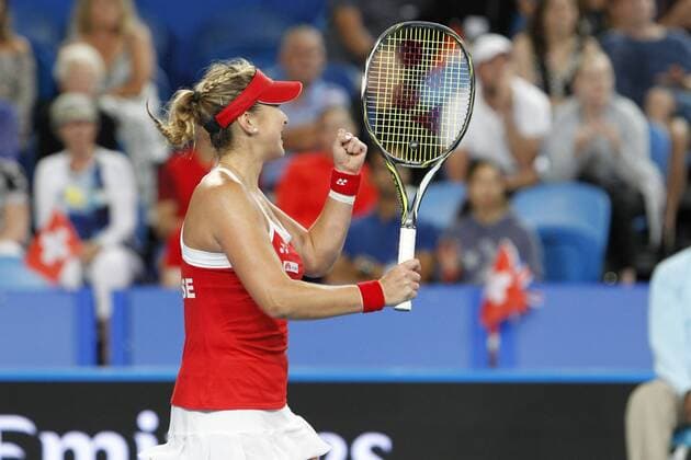 02.01.2017. Perth Arena, Perth, Australia. Mastercard Hopman Cup International Tennis tournament. Belinda Bencic (SUI) reacts to winning her match against heather Watson (GBR) 7-5, 3-6, 6-2. xDavidxWoodleyx  ActionPlus11824817
