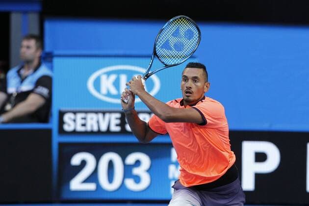 03.01.2017. Perth Arena, Perth, Australia. Mastercard Hopman Cup International Tennis tournament. Nick Kyrgios (AUS) plays a back hand shot during his game against Adam Pavlasek (CZE). Kyrgios won 7-5, 6-4. xDavidxWoodleyx  ActionPlus11825358