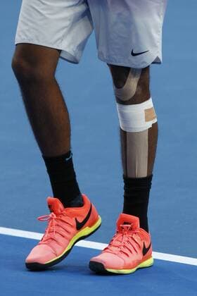 03.01.2017. Perth Arena, Perth, Australia. Mastercard Hopman Cup International Tennis tournament. Nick Kyrgios (AUS) bandaged his knee for his match against Adam Pavlasek (CZE). Kyrgios won 7-5, 6-4. xDavidxWoodleyx  ActionPlus11825359