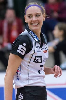 Macy Lanae Ubben (Schwarz-Weiß Erfurt, 7) Porträt Freisteller, Einzelbild, Jubel, celebration, Volleyball, Volleyball-Bundesliga Frauen, Schwarz-Weiß Erfurt - Dresdner SC, xprx