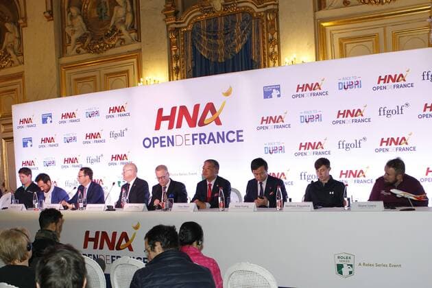Conference de presse HNA Open de France - Padraig Harrington - Alexander Levy - Pascal Grizot - Jean Lou Charon - Keith Pelley - Chen Wenli - Yuang Guang - Matthew Fitzpatrick - Shane Lawry NEWS : Conference de presse HNA Open de France - Paris - 09 01 2017 MichaelBaucher Panoramic 