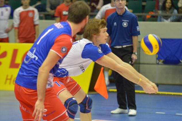 15.01.2017, xtkx, Volleyball 1.Bundesliga Herren, United Volleys - Solingen Volleys, emspor, v.l. Florian Ringseis (United Volleys) , Peter Wolf (United Volleys) , Rüsselsheim