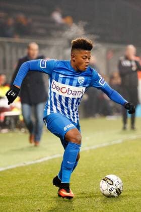 Genk s Leon Bailey fights for the ball during a game between KV Oostende and KRC Genk, first leg match of the Croky Cup 1 2 final, in Oostende, Tuesday 17 January 2017. KURTxDESPLENTER  x05026435x