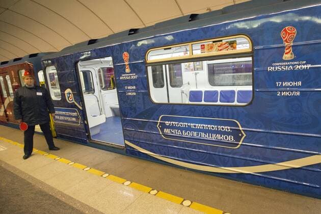 January 19, 2017. - Russia, Saint Petersburg. - St.Petersburg launches metro train dedicated to FIFA 2017 Confederations Cup. In picture: a new train dedicated to FIFA 2017 Confederations Cup is seen here at Kretovsky Ostrov station of the St. Petersburg metro. PhotoagencyxInterpress 