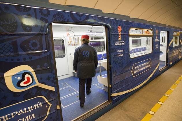 January 19, 2017. - Russia, Saint Petersburg. - St.Petersburg launches metro train dedicated to FIFA 2017 Confederations Cup. In picture: a new train dedicated to FIFA 2017 Confederations Cup is seen here at Kretovsky Ostrov station of the St. Petersburg metro. PhotoagencyxInterpress 
