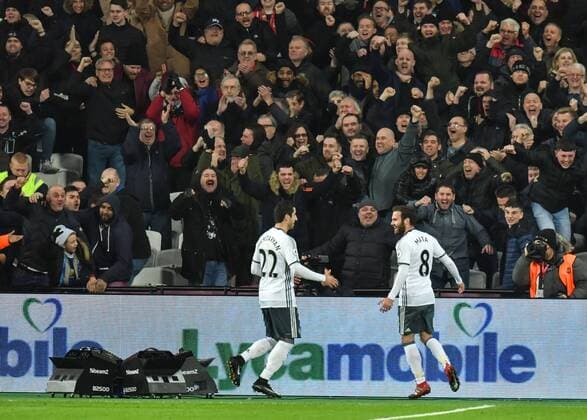 Juan Mata of Manchester United ManU celebrates scoring the opening goal during the Premier League match between West Ham United and Manchester United at the London Stadium, Queen Elizabeth Olympic Park , Stratford, England on 2 January 2017. Copyright: xVincexxMignottx 13590027