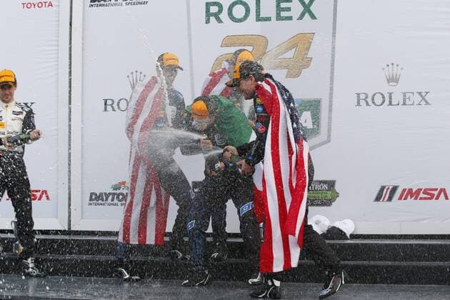 January 29, 2017 - Daytona Beach, Florida, United States of America - January 29, 2017 - Daytona Beach, Florida, USA: Jeff Gordon celebrates winning the Rolex 24 at Daytona by spraying champagne with his teammates following the Rolex 24 At Daytona at Daytona International Speedway in Daytona Beach, Florida. IMSA 2017: IMSA WeatherTech SportsCar Championship Rolex 24 At Daytona January 29 - ZUMAa161 20170129_zaa_a161_105 Copyright: xJustinxR.xNoexAspxIncx