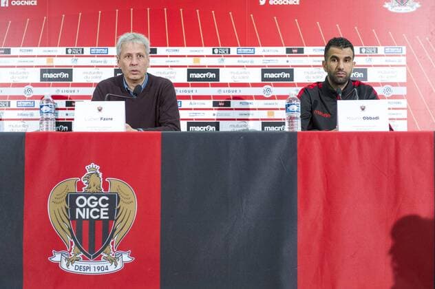 Fußball, OGC Nizza präsentiert Neuzugänge Srarfi und Obbadi Mounir Obbadi (OGC Nice) - Lucien Favre (OGC Nice) FOOTBALL : PK OGC Nice - Ligue 1 - 01 02 2017 NorbertScanella Panoramic 