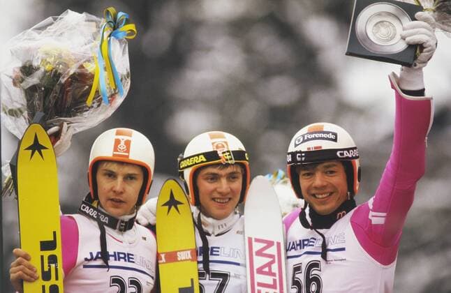 Wintersport, Nordische Skiweltmeisterschaft, Skispringen, Oberstdorf, 1987, Siegerehrung, Normalschanze: vl: Matti Nykaenen (FIN), Jiri Parma (CZE), Vegard Opaas (NOR) Foto: WEREK Pressebildagentur xxNOxxMODELxxRELEASExx