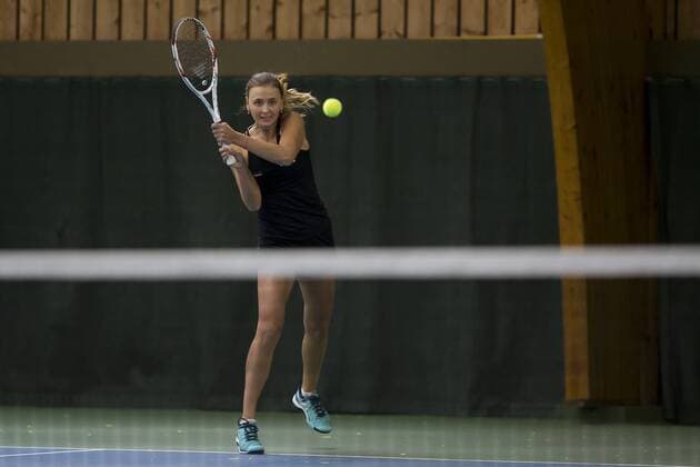 Belgian Maryna Zanevska pictured during a training session ahead of a press conference PK Pressekonferenz of the Belgian Fed Cup team in Wilrijk, Antwerp, Saturday 04 February 2017. On February 11 and 12, Belgium and Romania will play their first round match in the World Group II in Bucharest, Romania. KRISTOFxVANxACCOM  x05039660x
