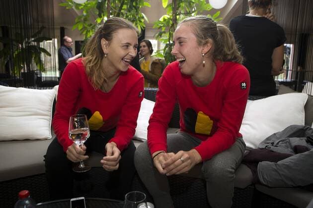 Belgian Maryna Zanevska and Belgian Elise Mertens pictured during a press conference PK Pressekonferenz of the Belgian Fed Cup team in Wilrijk, Antwerp, Saturday 04 February 2017. On February 11 and 12, Belgium and Romania will play their first round match in the World Group II in Bucharest, Romania. KRISTOFxVANxACCOM  x05039694x