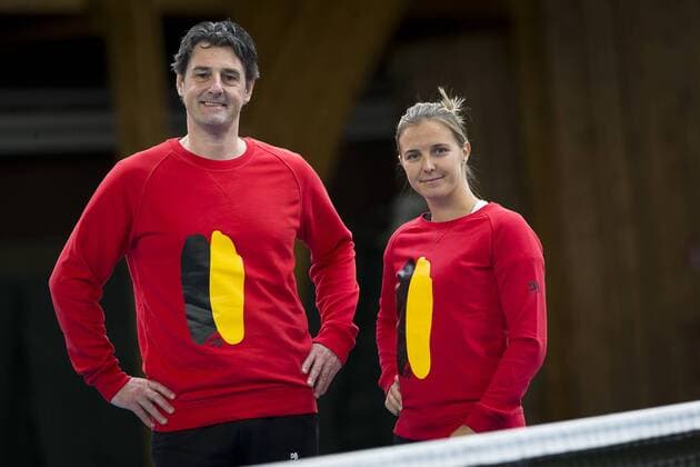 Physiotherapist Hans Minnen and Belgian Kirsten Flipkens pictured during a press conference PK Pressekonferenz of the Belgian Fed Cup team in Wilrijk, Antwerp, Saturday 04 February 2017. On February 11 and 12, Belgium and Romania will play their first round match in the World Group II in Bucharest, Romania. KRISTOFxVANxACCOM  x05039697x