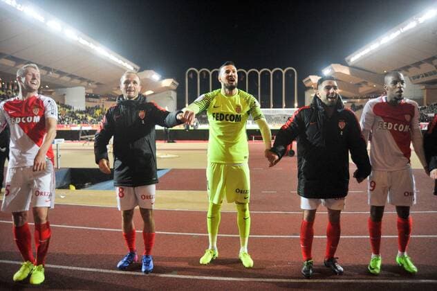 01 DANIJEL SUBASIC (mon) - 09 RADAMEL FALCAO (mon) - 19 DJIBRIL SIDIBE (mon) - 18 VALERE GERMAIN (mon) - 25 KAMIL GLIK (mon) - Fussball Frankreich, Ligue 1, AS Monaco vs. OGC Nice - 04 02 2017 FEP Panoramic 