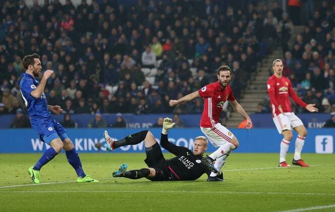 Manchester United ManU s Juan Mata celebrates scoring his sides third goal during the Premier League match at the King Power Stadium, Leicester. Picture date February 5th, 2017 Pic David Klein Sportimage EDITORIAL USE ONLY. No use with unauthorised audio, video, data, fixture lists, club league logos or live services. Online in-match use limited to 120 images, no video emulation. No use in betting, games or single club league player publications.