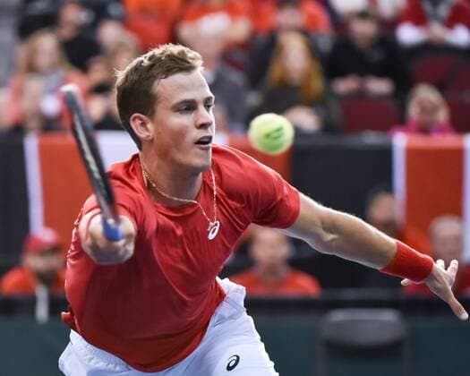 February 5, 2017 - Ottawa, Ontario, Canada - OTTAWA, ON - FEBRUARY 5: Vasek Pospisil of Canada in action during his singles match against Daniel Evans on day three of the Davis Cup World Group tie between Canada and Great Britain at TD Place Arena on February 5, 2017 in Ottawa, Ontario, Canada. Tennis: Canada v GB: Davis Cup by BNP Paribas World Group First Round - ZUMAk120 20170205_zap_k120_005 Copyright: xStevexKingsmanx