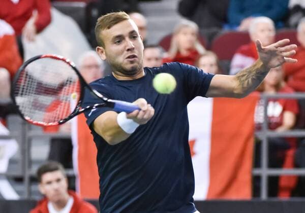 February 5, 2017 - Ottawa, Ontario, Canada - OTTAWA, ON - FEBRUARY 5: Daniel Evans of Great Britain in action during his singles match against Vasek Pospisil in day three of the Davis Cup World Group tie between Canada and Great Britain at TD Place Arena on February 5, 2017 in Ottawa, Ontario, Canada. Tennis: Canada v GB: Davis Cup by BNP Paribas World Group First Round - ZUMAk120 20170205_zap_k120_025 Copyright: xStevexKingsmanx
