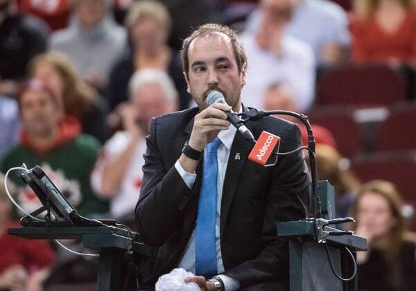 February 5, 2017 - Ottawa, Ontario, Canada - OTTAWA, ON - FEBRUARY 5: The chair umpire Arnaud Gabas, having taken a ball to the face from a frustrated Dennis Shapolalov of Canada, announces to the Ottawa crowd that Kyle Edmund of Great Britain wins by default during day three of the Davis Cup World Group tie between Canada and Great Britain at TD Place Arena on February 5, 2017 in Ottawa, Ontario, Canada. Great Britain win the tie 3-2. Tennis: Canada v GB: Davis Cup by BNP Paribas World Group First Round - ZUMAk120 20170205_zap_k120_061 Copyright: xStevexKingsmanx