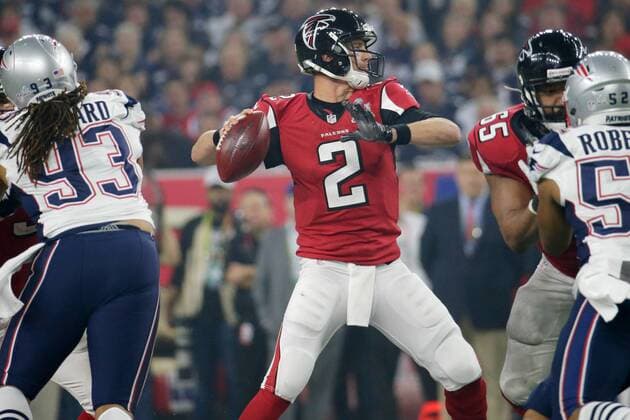 Atlanta Falcons quarterback Matt Ryan (2) throws a pass while under pressure by the New England Patriots in the third quarter of Super Bowl LI at NRG Stadium in Houston Texas on February 5, 2017.  SBP20170205753 JOHNxANGELILLO