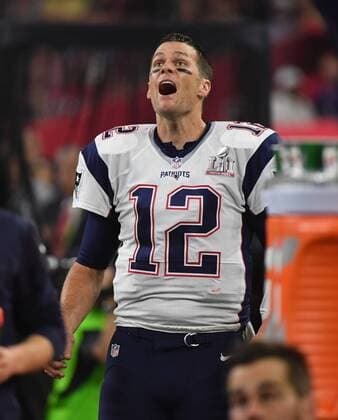 New England Patriots quarterback Tom Brady (12) reacts to a fumble by Atlanta Falcons quarterback Matt Ryan and turnover in the fourth quarter of Super Bowl LI at NRG Stadium in Houston on February 5, 2017.  SBP20170205463 KEVINxDIETSCH