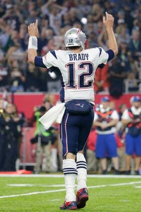 New England Patriots quarterback Tom Brady (12) celebrates after a touchdown in the fourth quarter of Super Bowl LI against the Atlanta Falcons at NRG Stadium in Houston Texas on February 5, 2017. The Patriots defeated the Falcons 34-28 giving Tom Brady his fifth Super Bowl win.  SBP20170205762 JOHNxANGELILLO