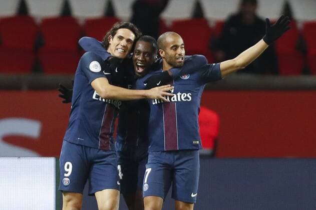 Jubel Edinson Cavani (PSG) et Lucas (PSG) Blaise Matuidi (PSG) FOOTBALL : Paris Saint Germain vs Lille - Ligue 1- 07 02 2017 GwendolineLeGoff 