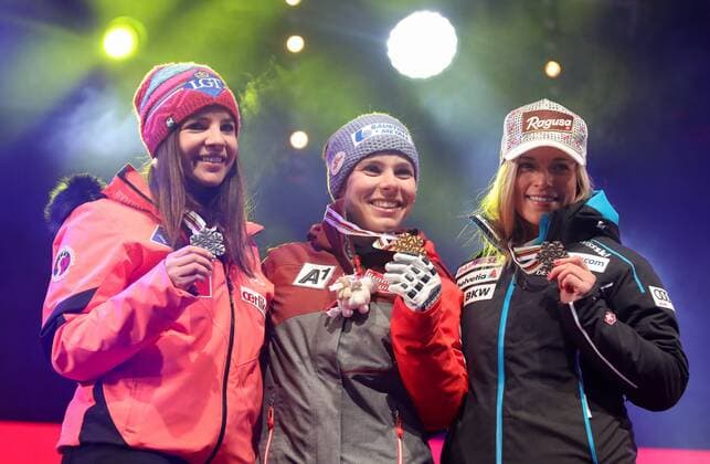 ALPINE SKIING - FIS Ski WC St. Moritz SANKT MORITZ,SWITZERLAND,07.FEB.17 - ALPINE SKIING - FIS Alpine World Ski Championships, Super G, ladies, award ceremony. Image shows Tina Weirather (LIE), Nicole Schmidhofer (AUT) and Lara Gut (SUI). GEPAxpictures xChristianxWalgram