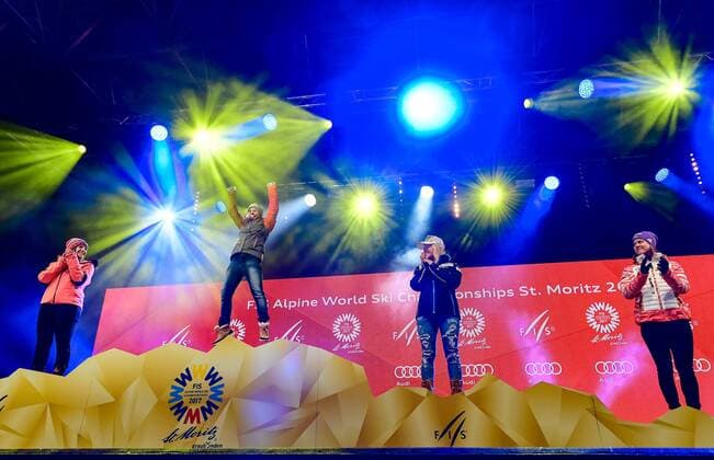 07, St. Moritz, SUI, FIS Weltmeisterschaften Ski Alpin, St. Moritz 2017, Super G, Damen, Siegerehrung, im Bild v.l.Tina Weirather (LIE, Silbermedaille), Nicole Schmidhofer (AUT, Weltmeisterin), Lara Gut (SUI, Bronzemedaille), Viktoria Rebensburg (GER) v.l.Tina Weirather (LIE, Silbermedaille), Nicole Schmidhofer (AUT, Weltmeisterin), Lara Gut (SUI, Bronzemedaille), Viktoria Rebensburg (GER) during the winner ceremony for the ladie s SuperG of the FIS Ski World Championships 2017. St. Moritz, Switzerland on 2017 02 07. St. Moritz EP_eri