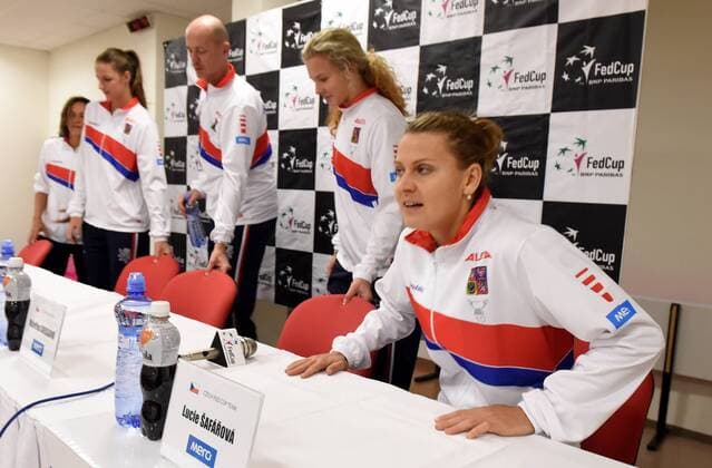 From left Czech tennis players Barbora Strycova, Karolina Pliskova, non-playing captain Petr Pala, Katerina Siniakova, Lucie Safarova speak during the press conference PK Pressekonferenz prior to the first round 2017 Fed Cup in Ostrava, Czech Republic, February 8, 2017. (CTKxPhoto JaroslavxOzana) CTKPhotoP201702080725401  jao 3