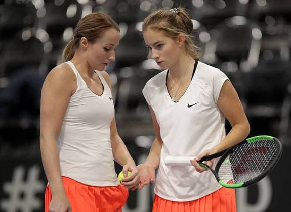 TENNIS - ITF, Fed Cup TALLINN,ESTONIA,09.FEB.17 - TENNIS - ITF, Fed Cup, Europe Africa Zone II, Group 1. Image shows Diana Marcinkevica and Daniela Vismane (LAT). GEPAxpictures xWalterxLuger