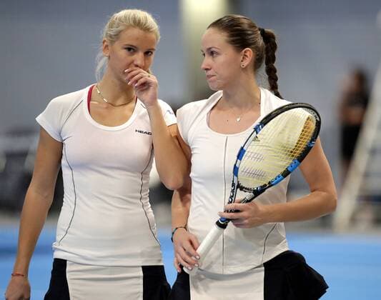 TENNIS - ITF, Fed Cup TALLINN,ESTONIA,09.FEB.17 - TENNIS - ITF, Fed Cup, Europe Africa Zone II, Group 1. Image shows Dea Herdzelas and Anita Husaric (BIH). GEPAxpictures xWalterxLuger