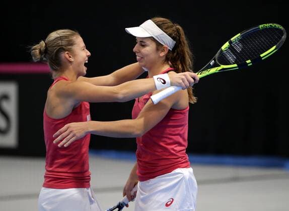 TENNIS - ITF, Fed Cup TALLINN,ESTONIA,09.FEB.17 - TENNIS - ITF, Fed Cup, Europe Africa Zone II, Group 1. Image shows the rejoicing of Barbara Haas and Julia Grabher (AUT). GEPAxpictures xWalterxLuger