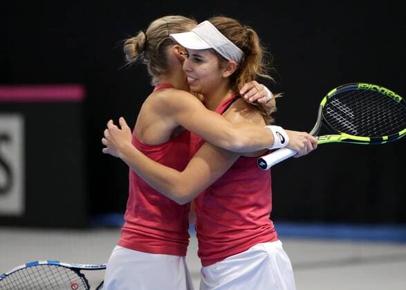 TENNIS - ITF, Fed Cup TALLINN,ESTONIA,09.FEB.17 - TENNIS - ITF, Fed Cup, Europe Africa Zone II, Group 1. Image shows the rejoicing of Barbara Haas and Julia Grabher (AUT). GEPAxpictures xWalterxLuger
