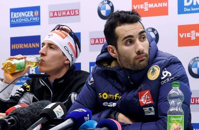 Bilder des Tages - SPORT HOCHFILZEN, AUSTRIA - FEBRUARY 9, 2017: Biathletes Quentin Fillon Maillet (L) and Martin Fourcade of France seen at a press conference PK Pressekonferenz following the 2 6 km + 2 7.5 km Mixed Relay event at the 2017 IBU Biathlon World Championships in Hochfilzen, Austria. Yevgeny Tumashov TASS  TS040911