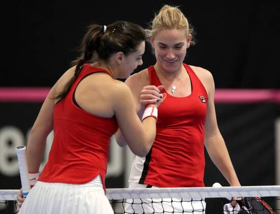 TENNIS - ITF, Fed Cup TALLINN,ESTONIA,10.FEB.17 - TENNIS - ITF, Fed Cup, Europe Africa Zone II, Group 1. Image shows Ana Konjuh (CRO) and Timea Babos (HUN). GEPAxpictures xWalterxLuger