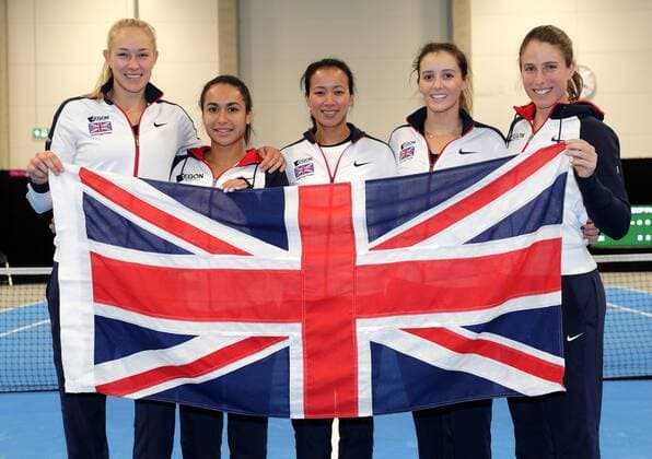 TENNIS - ITF, Fed Cup TALLINN,ESTONIA,10.FEB.17 - TENNIS - ITF, Fed Cup, Europe Africa Zone II, Group 1. Image shows Jocelyn Rae, Heather Watson, captain Anne Keothavong, Laura Robson and Johanna Konta (GBR). GEPAxpictures xWalterxLuger